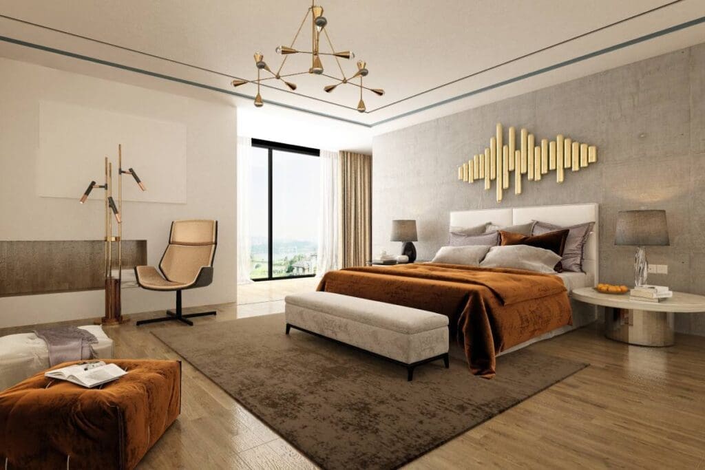 Czy beżowa sypialnia to modny wybór? Jak ją zaaranżować i z jakimi kolorami zestawić? 1 Elegancka beżowa sypialnia z karmelową pościelą, złotymi dodatkami i designerskim oświetleniem.