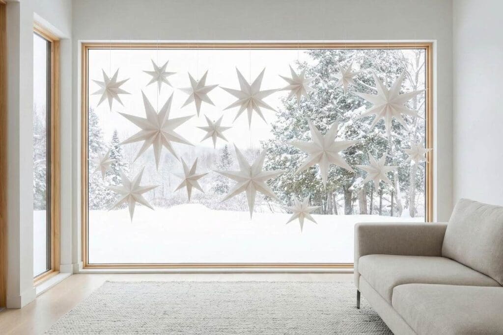 Papierowe gwiazdy jako ozdoby świąteczne na okno w minimalistycznym wnętrzu