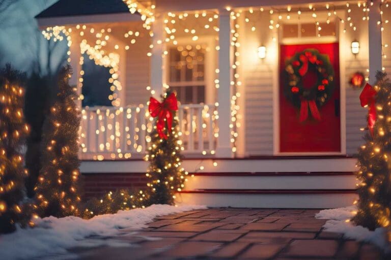 Minimalistyczne świąteczne oświetlenie domu zewnętrzne z ciepłymi lampkami i wiankiem na drzwiach