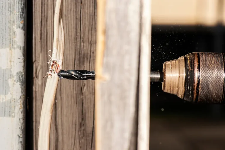 przewiercony przewód elektryczny w ścianie